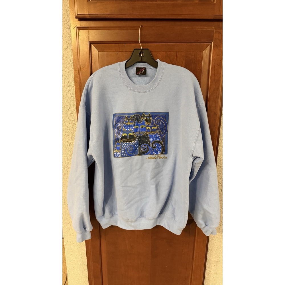 Laurel Burch Feline Indigo Cat Sweatshirt Women Blue L Crewneck USA Artistic VTG